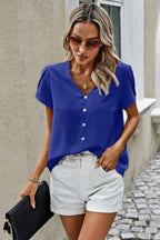 Solid Button Trim V Neck Loose Fit Blouse | Mixtshop LLC