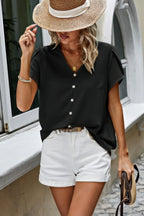 Solid Button Trim V Neck Loose Fit Blouse | Mixtshop LLC
