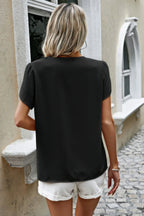 Solid Button Trim V Neck Loose Fit Blouse | Mixtshop LLC
