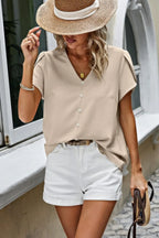 Solid Button Trim V Neck Loose Fit Blouse | Mixtshop LLC