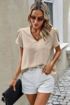 Solid Button Trim V Neck Loose Fit Blouse | Mixtshop LLC