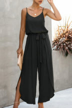 V Neck Suspenders Wide Leg Side Slit Jumpsuit | Mixtshop LLC