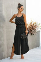 V Neck Suspenders Wide Leg Side Slit Jumpsuit | Mixtshop LLC