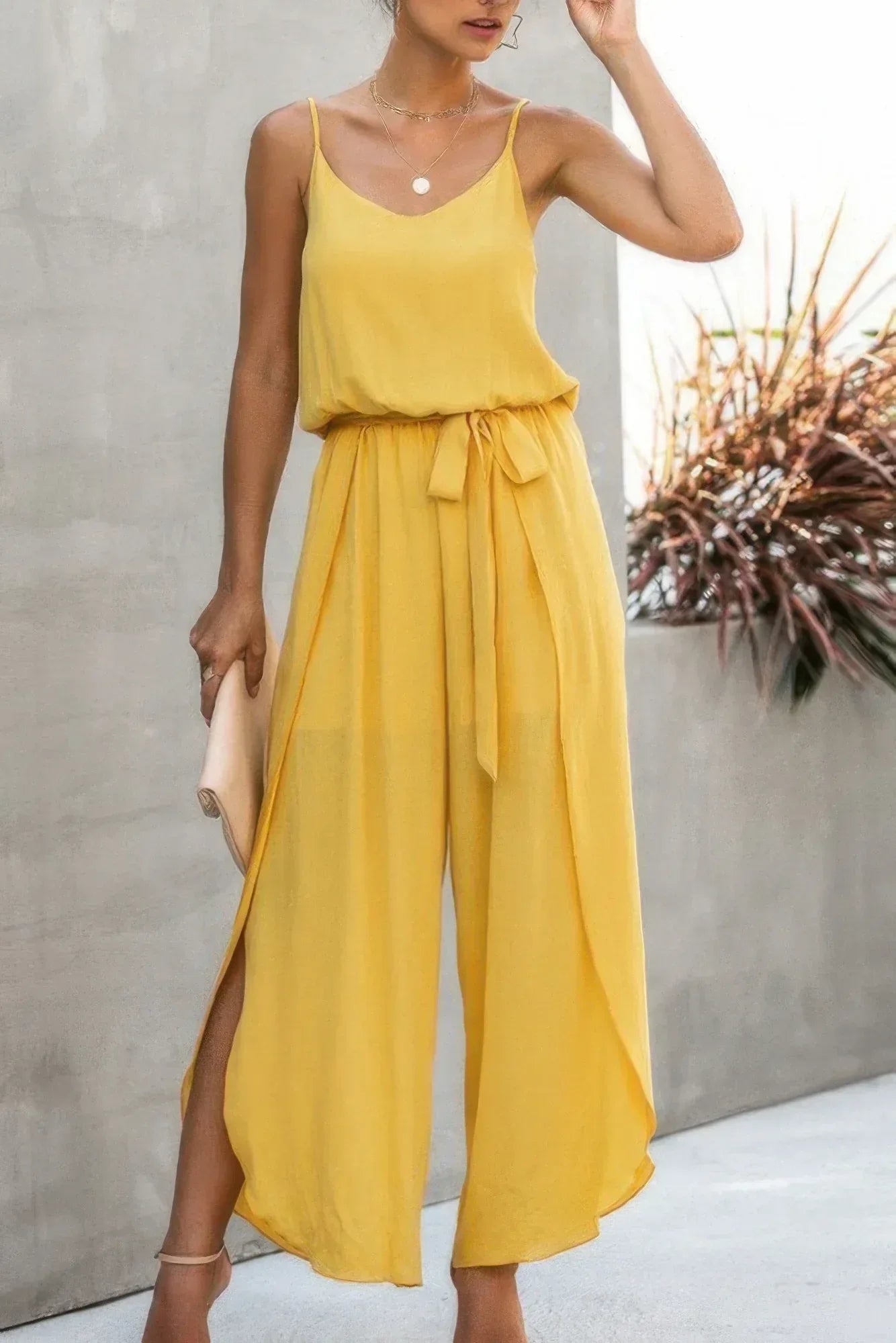 V Neck Suspenders Wide Leg Side Slit Jumpsuit | Mixtshop LLC