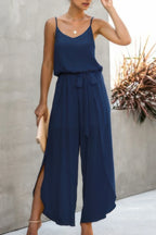 V Neck Suspenders Wide Leg Side Slit Jumpsuit | Mixtshop LLC