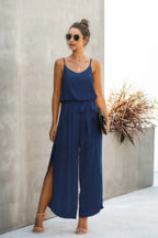 V Neck Suspenders Wide Leg Side Slit Jumpsuit | Mixtshop LLC