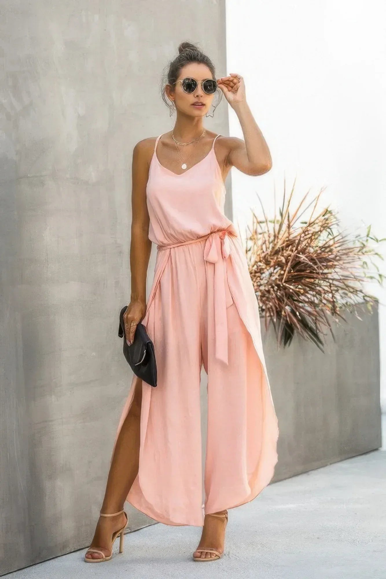 V Neck Suspenders Wide Leg Side Slit Jumpsuit | Mixtshop LLC