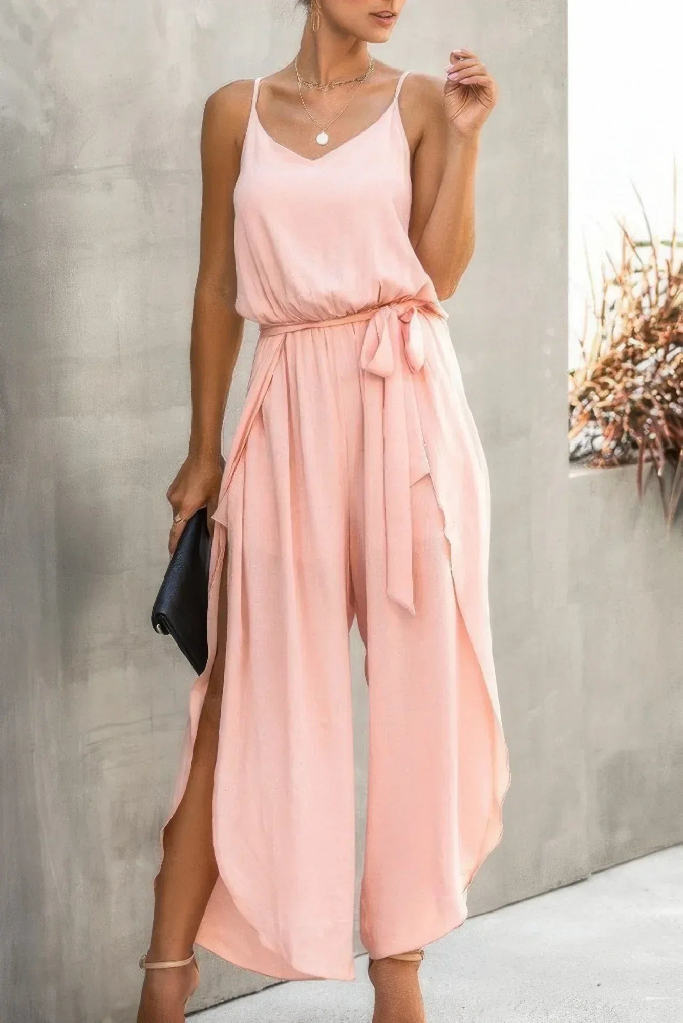 V Neck Suspenders Wide Leg Side Slit Jumpsuit | Mixtshop LLC