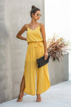 V Neck Suspenders Wide Leg Side Slit Jumpsuit | Mixtshop LLC