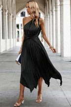 Twist Front Pleated One Shoulder Long Dress | Mixtshop LLC