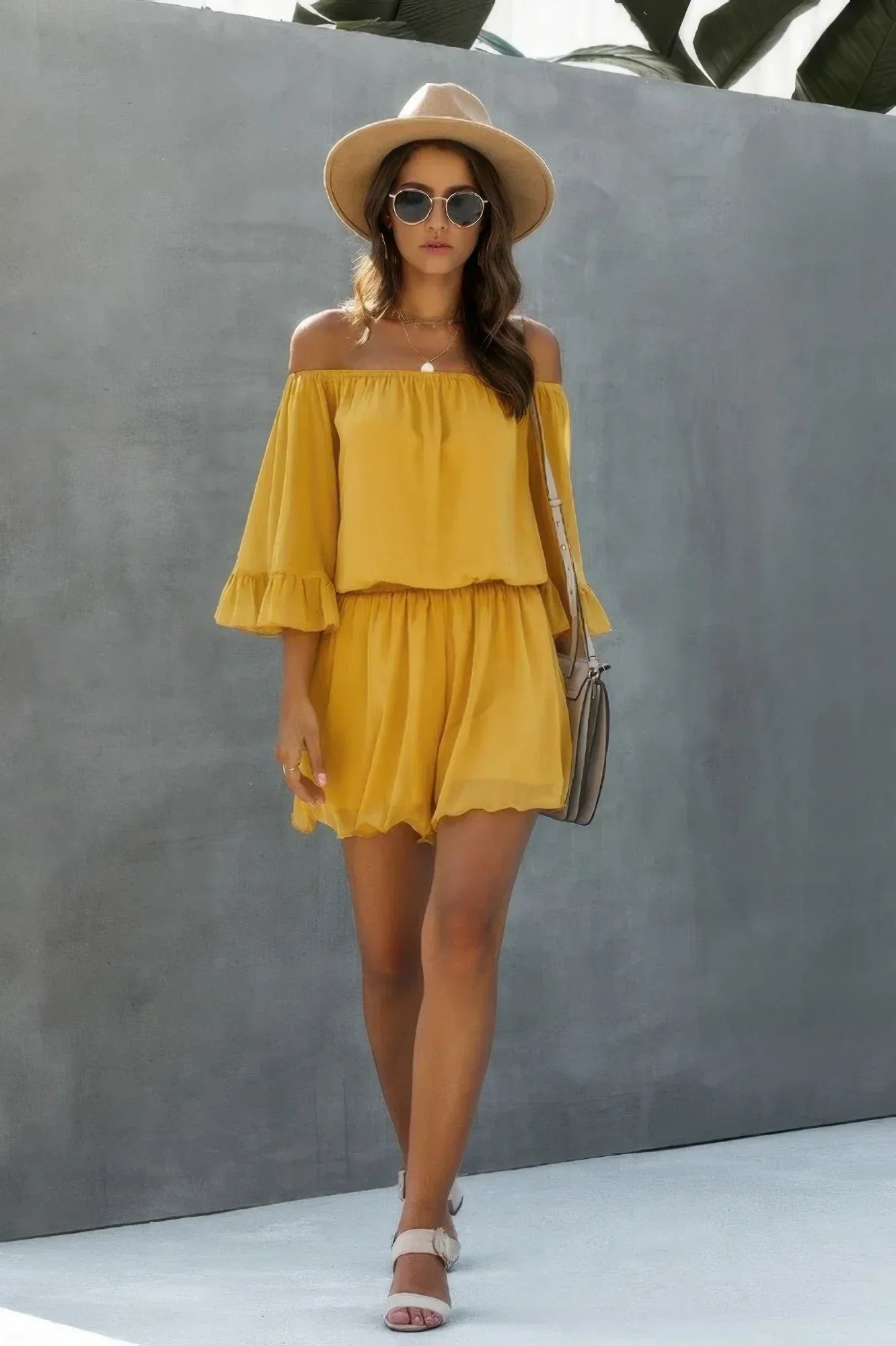 Chiffon Off Shoulder Flare Sleeves Loose Fit Romper | Mixtshop LLC