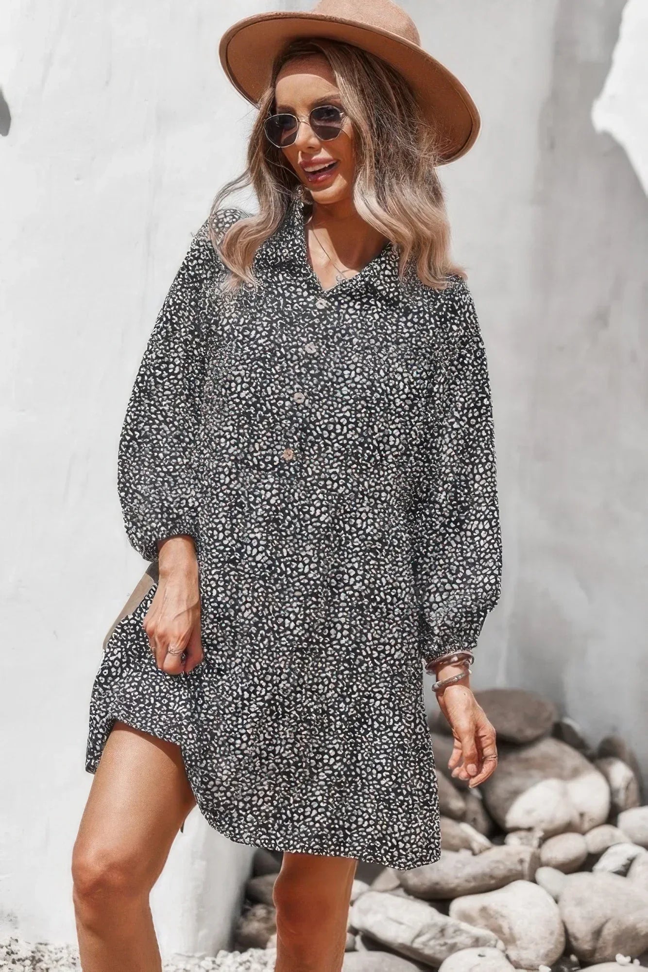 Animal Print Button Down A Line Lantem Sleeve Dress | Mixtshop LLC Main image