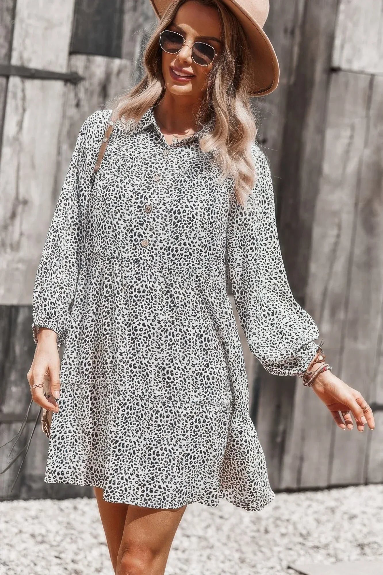 Animal Print Button Down A Line Lantem Sleeve Dress | Mixtshop LLC