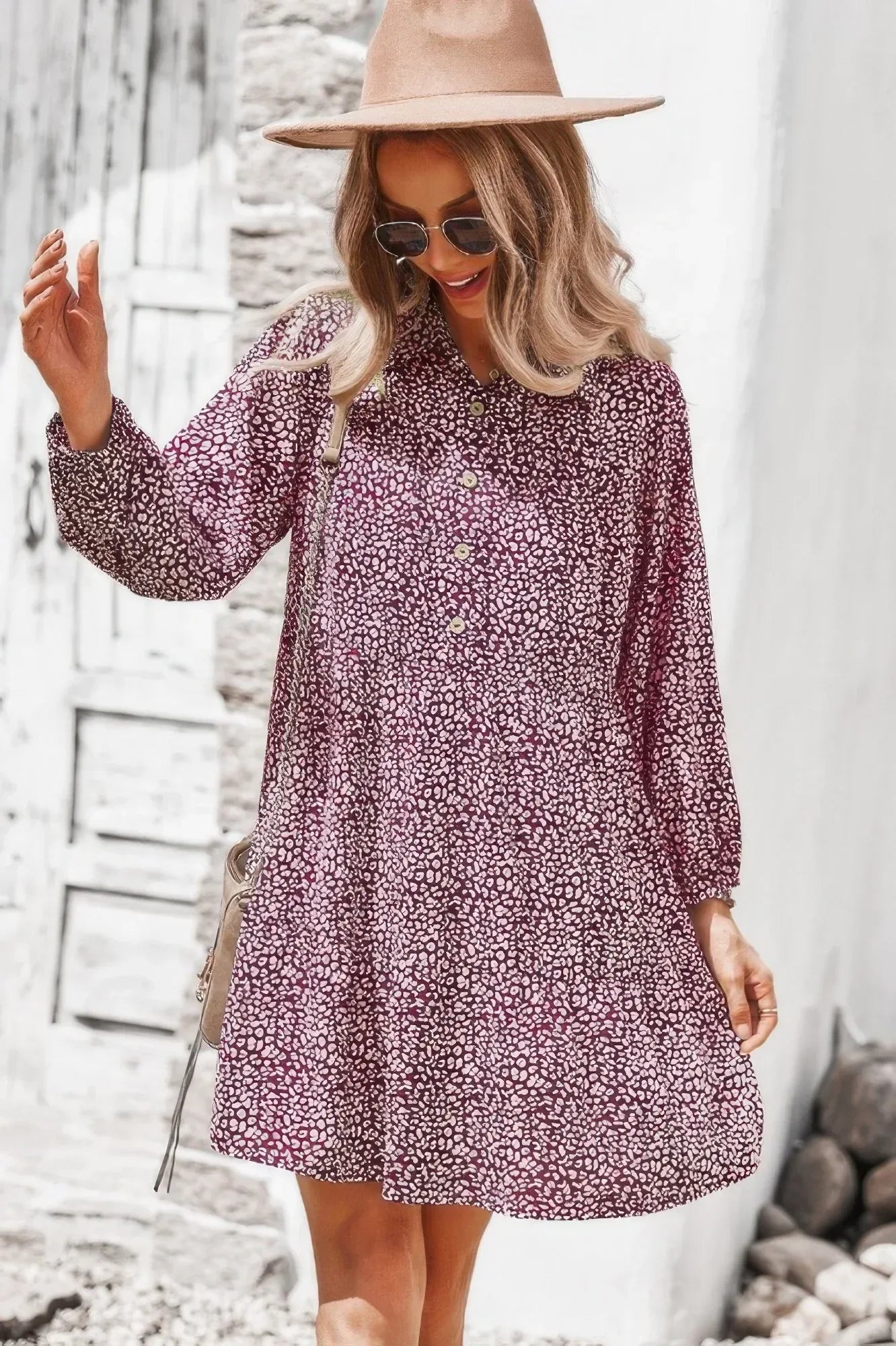 Animal Print Button Down A Line Lantem Sleeve Dress | Mixtshop LLC