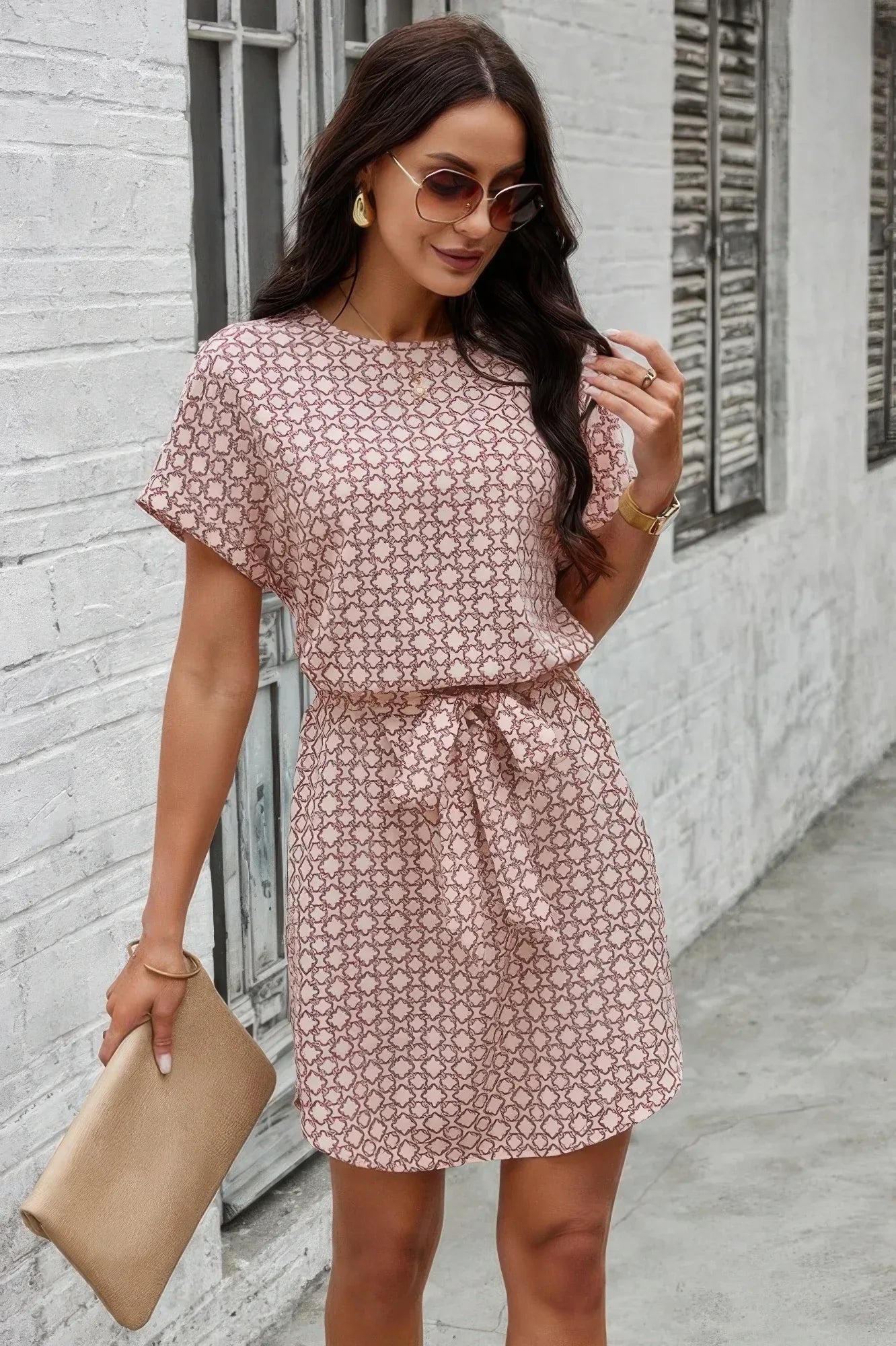 Elegant Crew Neck Batwing Sleeve Printed Dress Secondary image