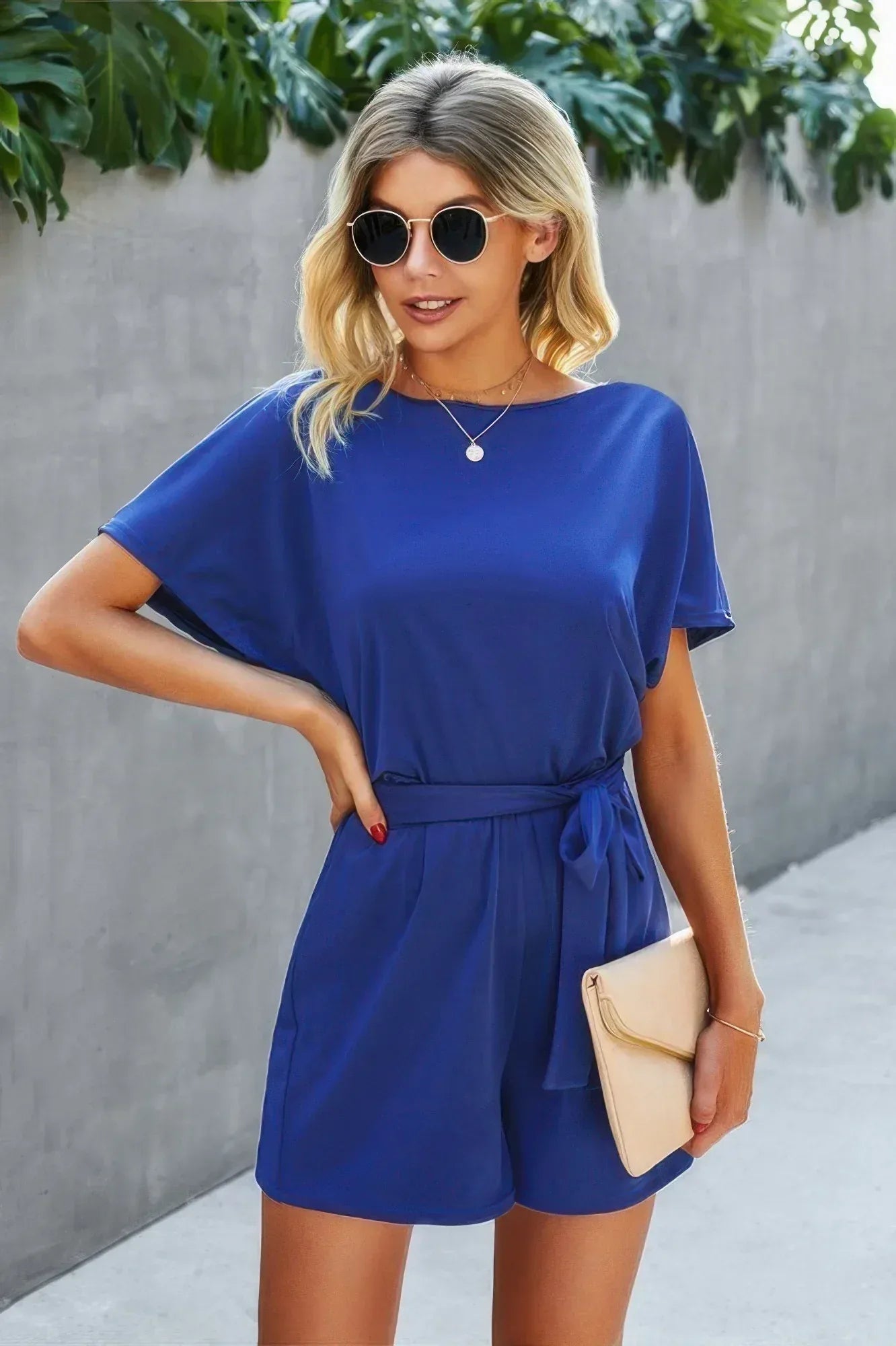 Boat Neck Short Sleeve Waist Tie Loose Romper | Mixtshop LLC Main image