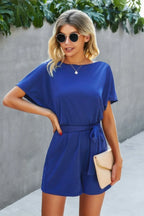 Boat Neck Short Sleeve Waist Tie Loose Romper | Mixtshop LLC