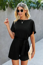 Boat Neck Short Sleeve Waist Tie Loose Romper | Mixtshop LLC