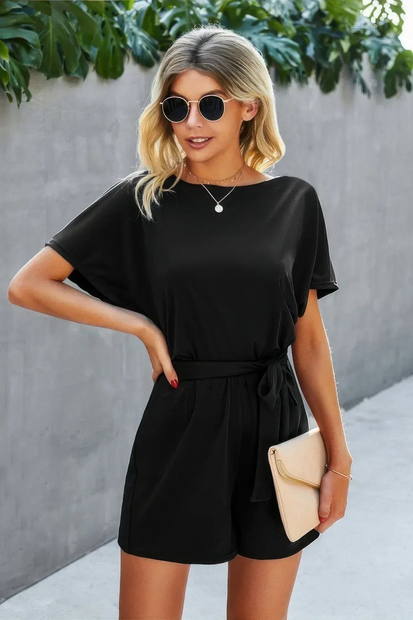 Boat Neck Short Sleeve Waist Tie Loose Romper | Mixtshop LLC