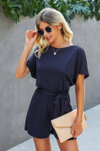 Boat Neck Short Sleeve Waist Tie Loose Romper | Mixtshop LLC