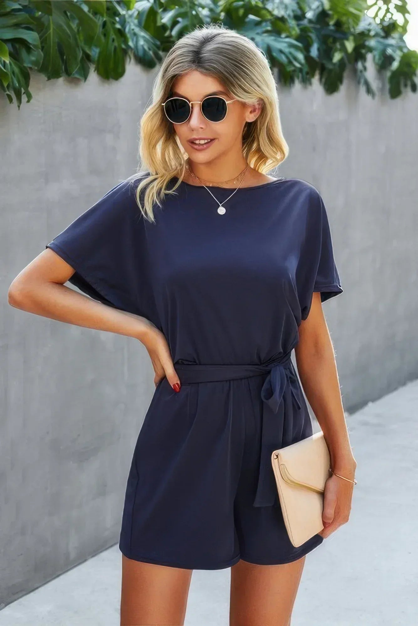Boat Neck Short Sleeve Waist Tie Loose Romper | Mixtshop LLC