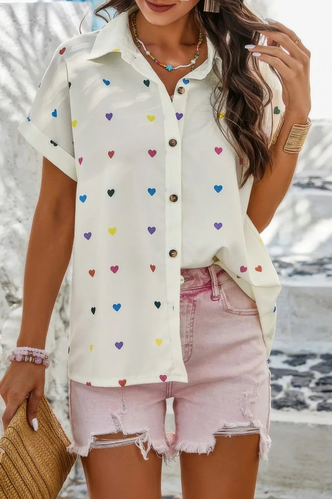 Heart Print Button Down Short Sleeve Loose Shirt | Mixtshop LLC Main image