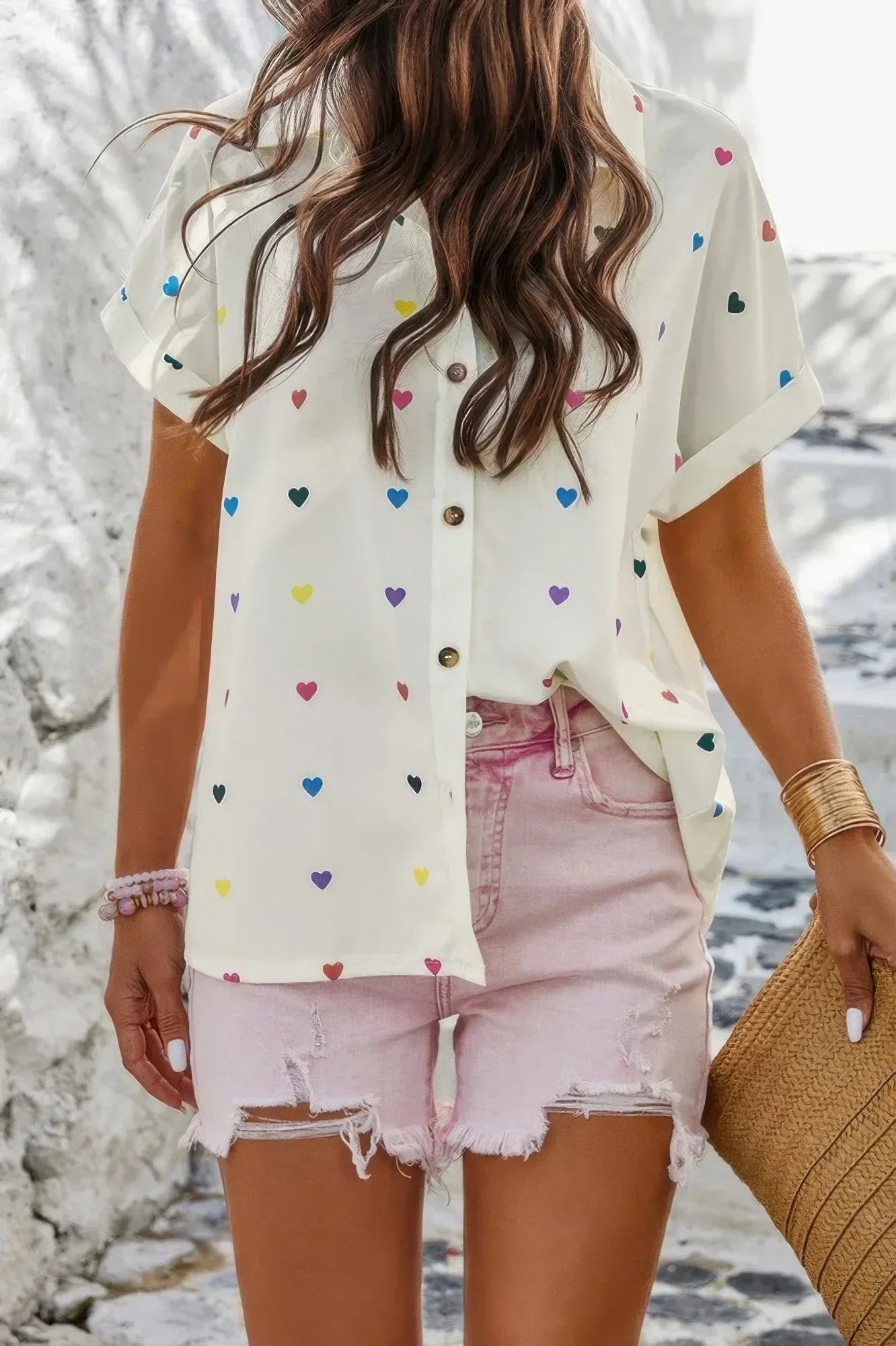 Heart Print Button Down Short Sleeve Loose Shirt Secondary image