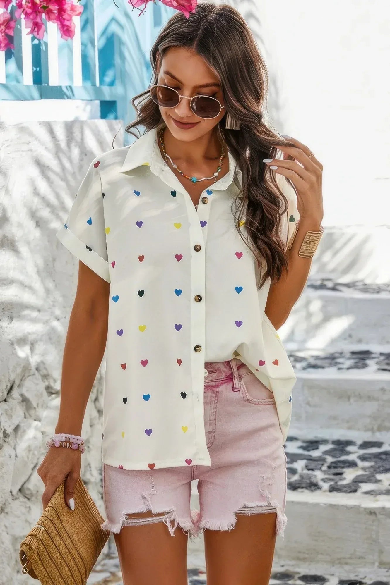 Heart Print Button Down Short Sleeve Loose Shirt | Mixtshop LLC