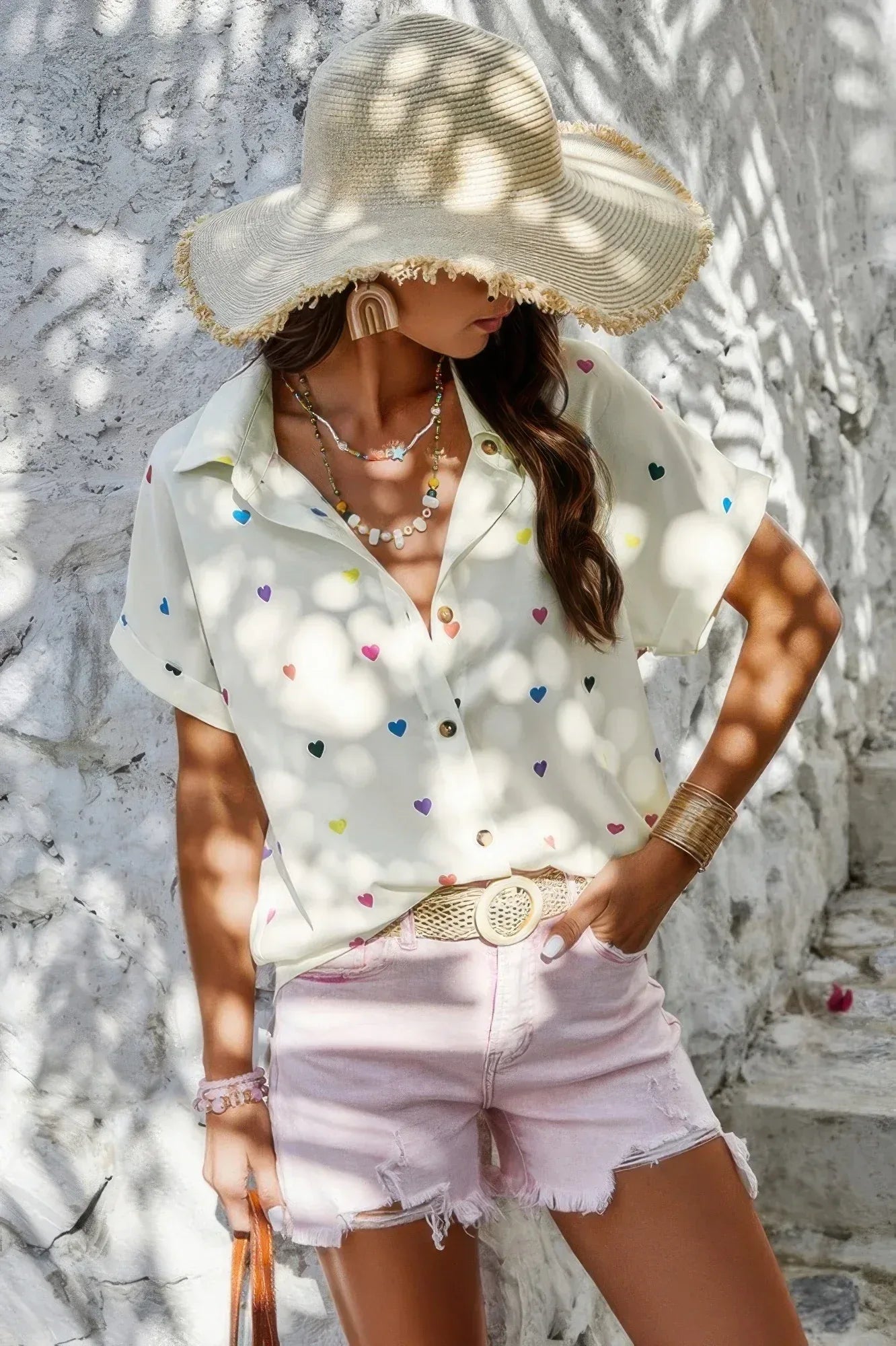 Heart Print Button Down Short Sleeve Loose Shirt | Mixtshop LLC