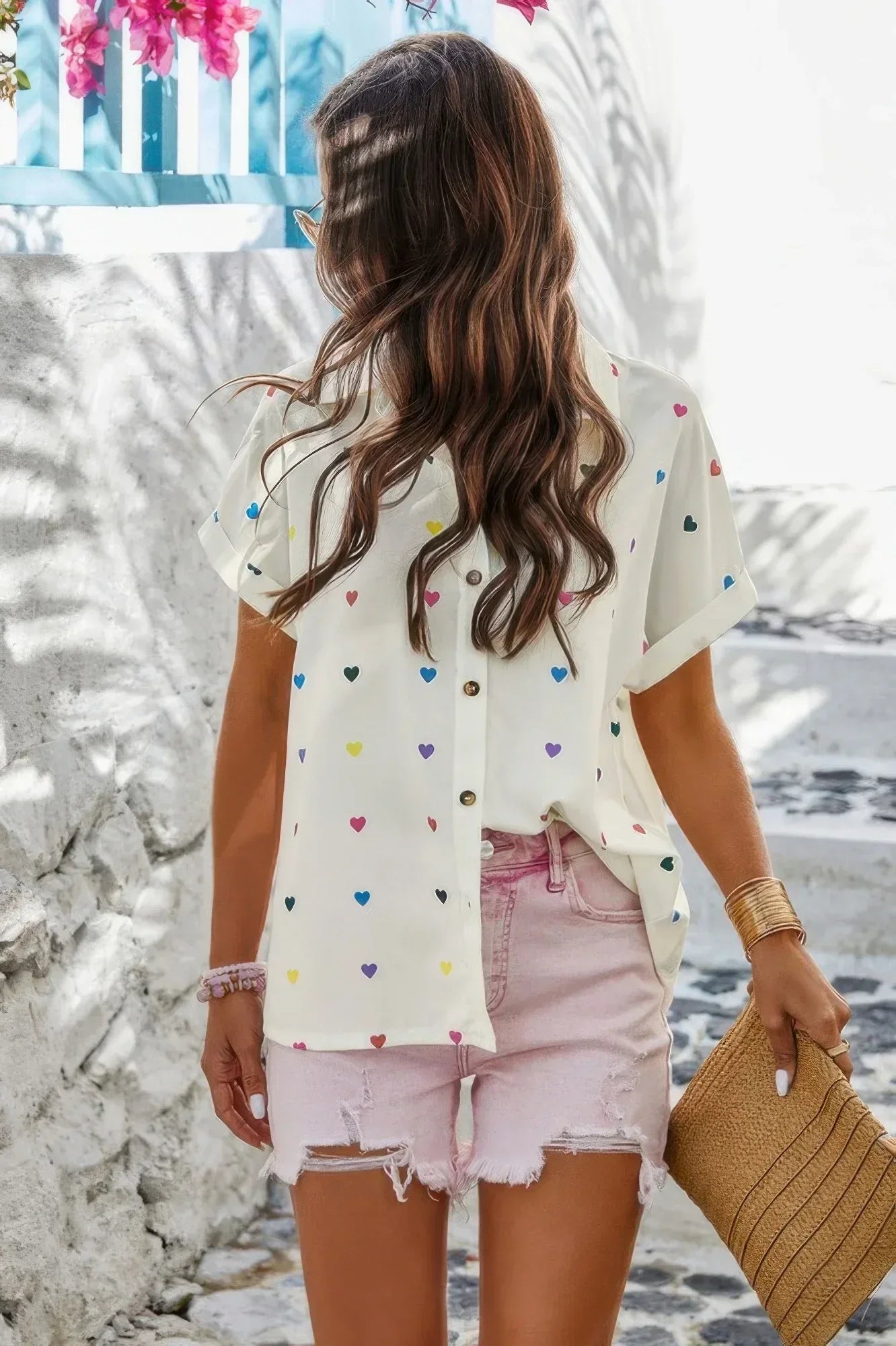 Heart Print Button Down Short Sleeve Loose Shirt | Mixtshop LLC