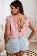 Solid V Neck Lace Splicing Back Bowknot T Shirt | Mixtshop LLC
