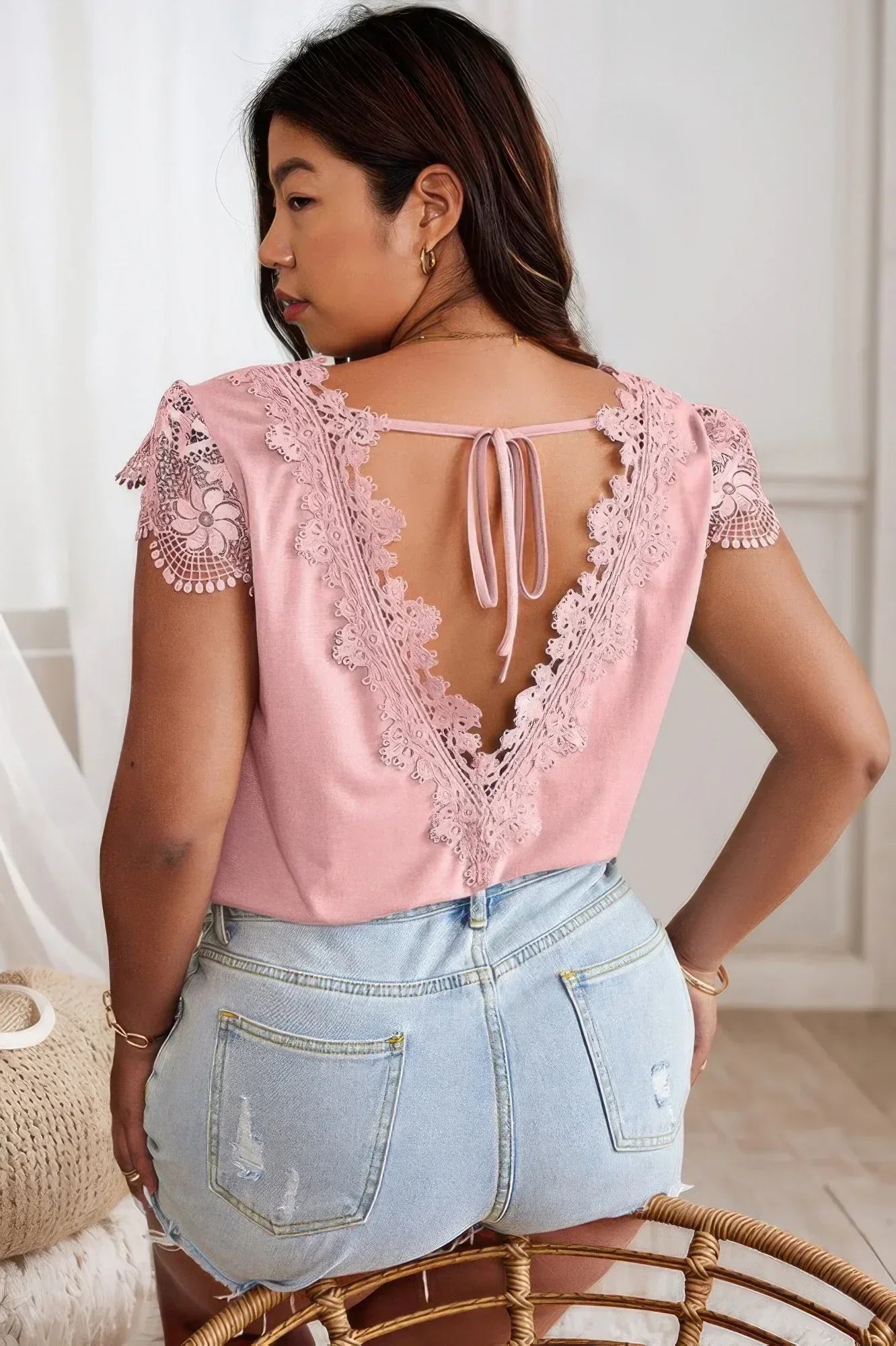 Solid V Neck Lace Splicing Back Bowknot T Shirt | Mixtshop LLC