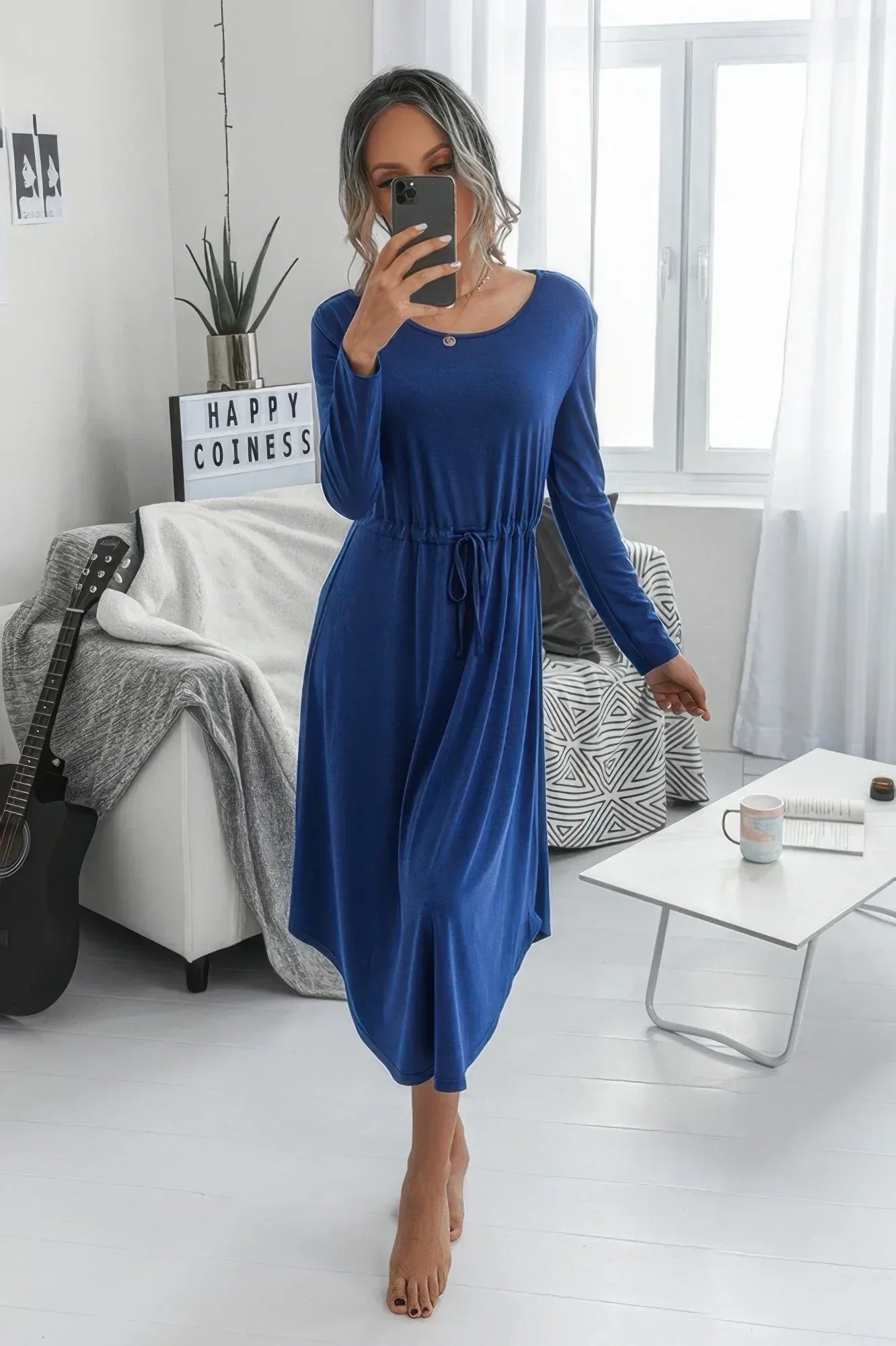 Solid Round Neck Long Sleeve Drawstring Dress | Mixtshop LLC Main image