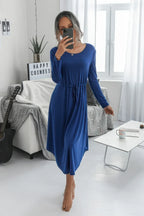Solid Round Neck Long Sleeve Drawstring Dress | Mixtshop LLC