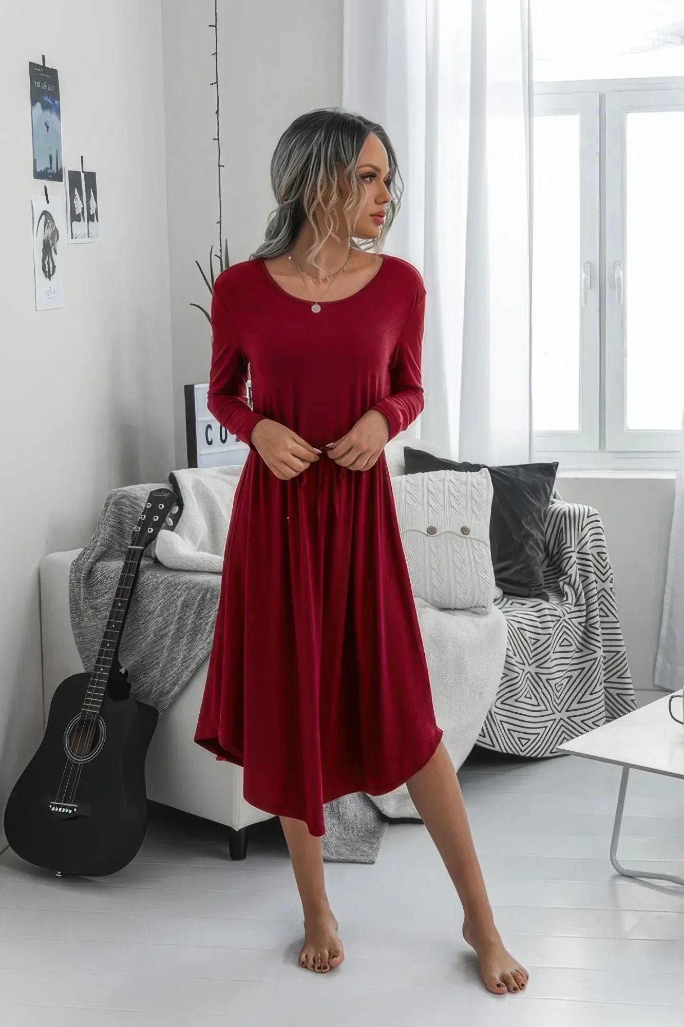 Solid Round Neck Long Sleeve Drawstring Dress | Mixtshop LLC