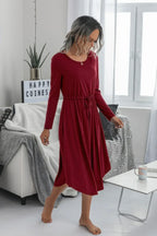 Solid Round Neck Long Sleeve Drawstring Dress | Mixtshop LLC