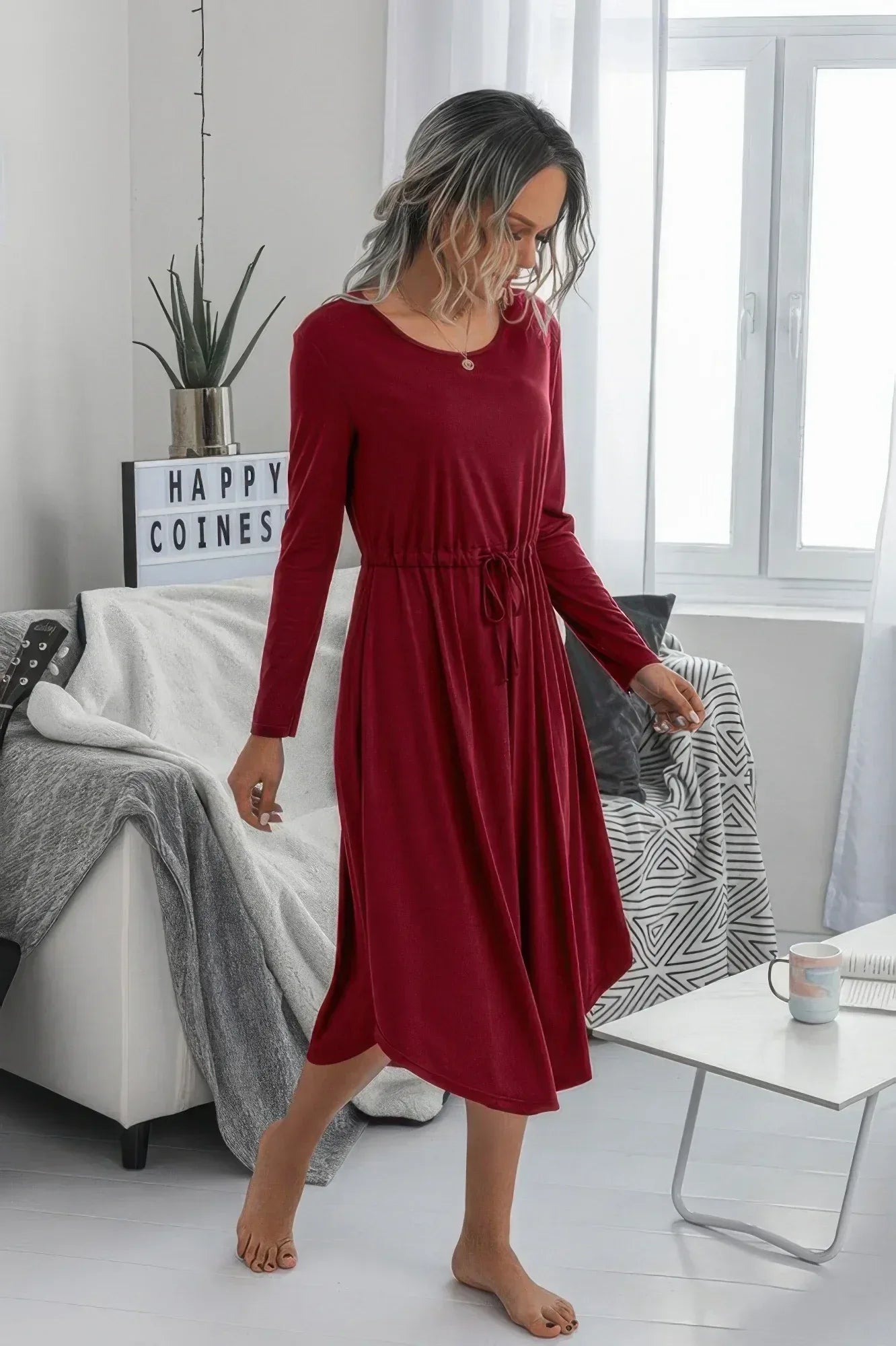 Solid Round Neck Long Sleeve Drawstring Dress | Mixtshop LLC