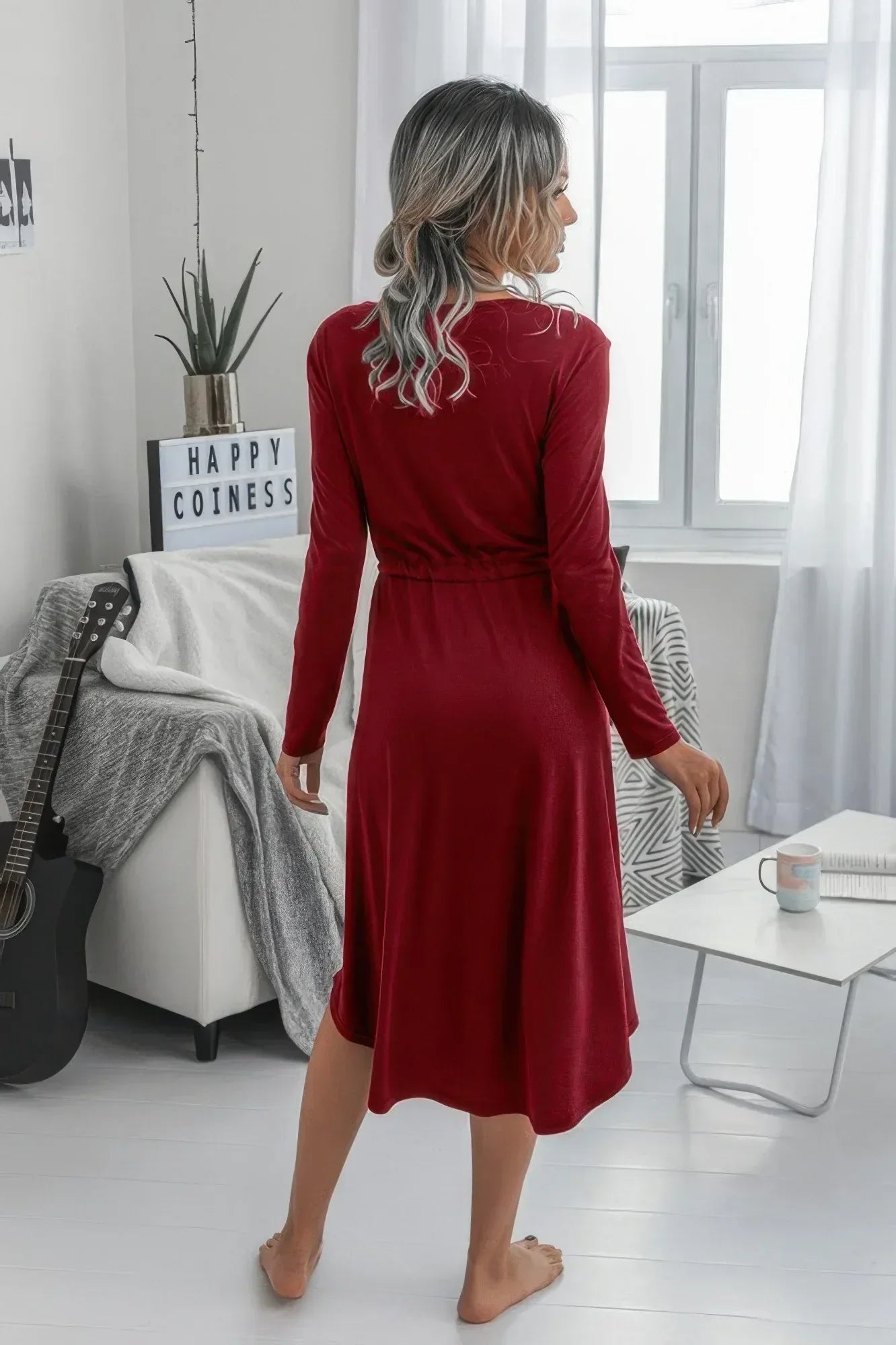 Solid Round Neck Long Sleeve Drawstring Dress | Mixtshop LLC