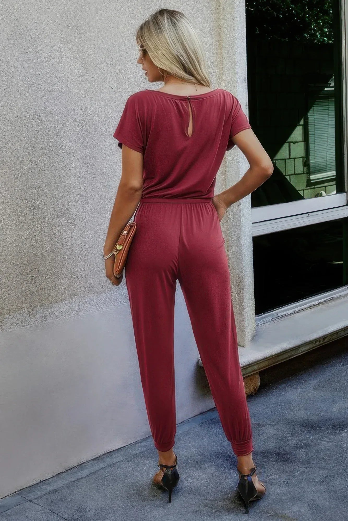 Solid Slant Shoulder Short Sleeve Jumpsuit | Mixtshop LLC
