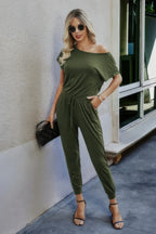 Solid Slant Shoulder Short Sleeve Jumpsuit | Mixtshop LLC