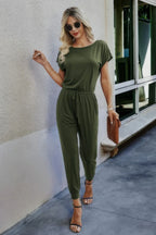 Solid Slant Shoulder Short Sleeve Jumpsuit | Mixtshop LLC