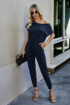 Solid Slant Shoulder Short Sleeve Jumpsuit | Mixtshop LLC