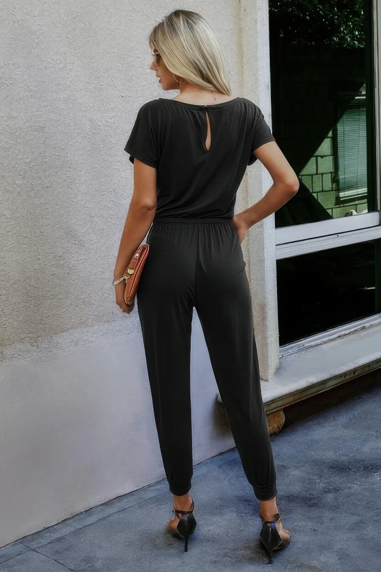 Solid Slant Shoulder Short Sleeve Jumpsuit | Mixtshop LLC