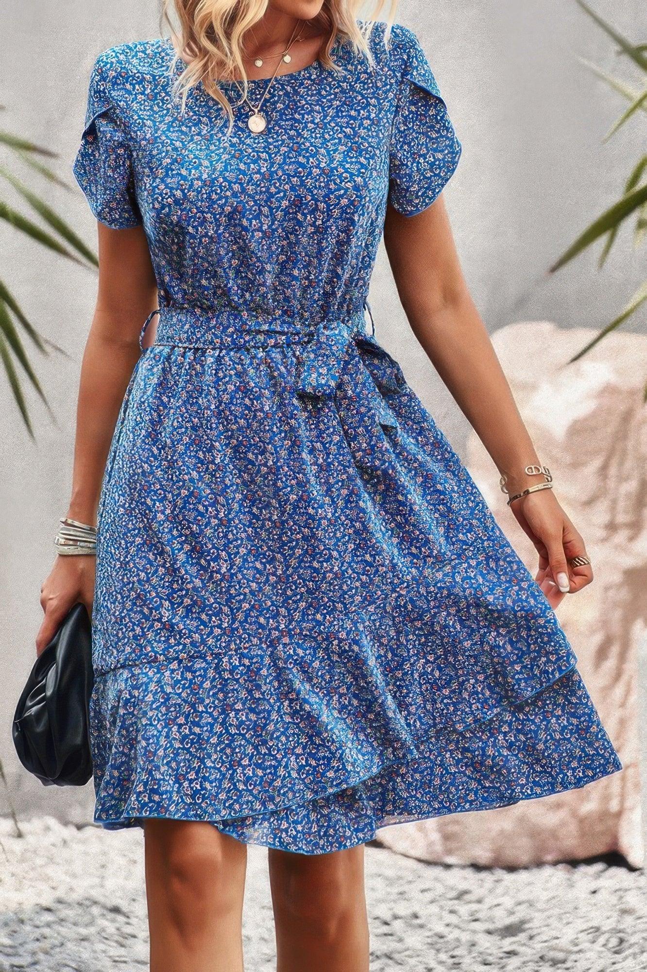 Floral Round Neck Slim Tiered A Line Ruffle Dress | Mixtshop LLC
