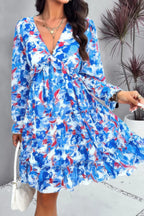 Elegant Printed V Neck Ruffled A Line Mini Dress | Mixtshop LLC