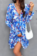 Elegant Printed V Neck Ruffled A Line Mini Dress | Mixtshop LLC
