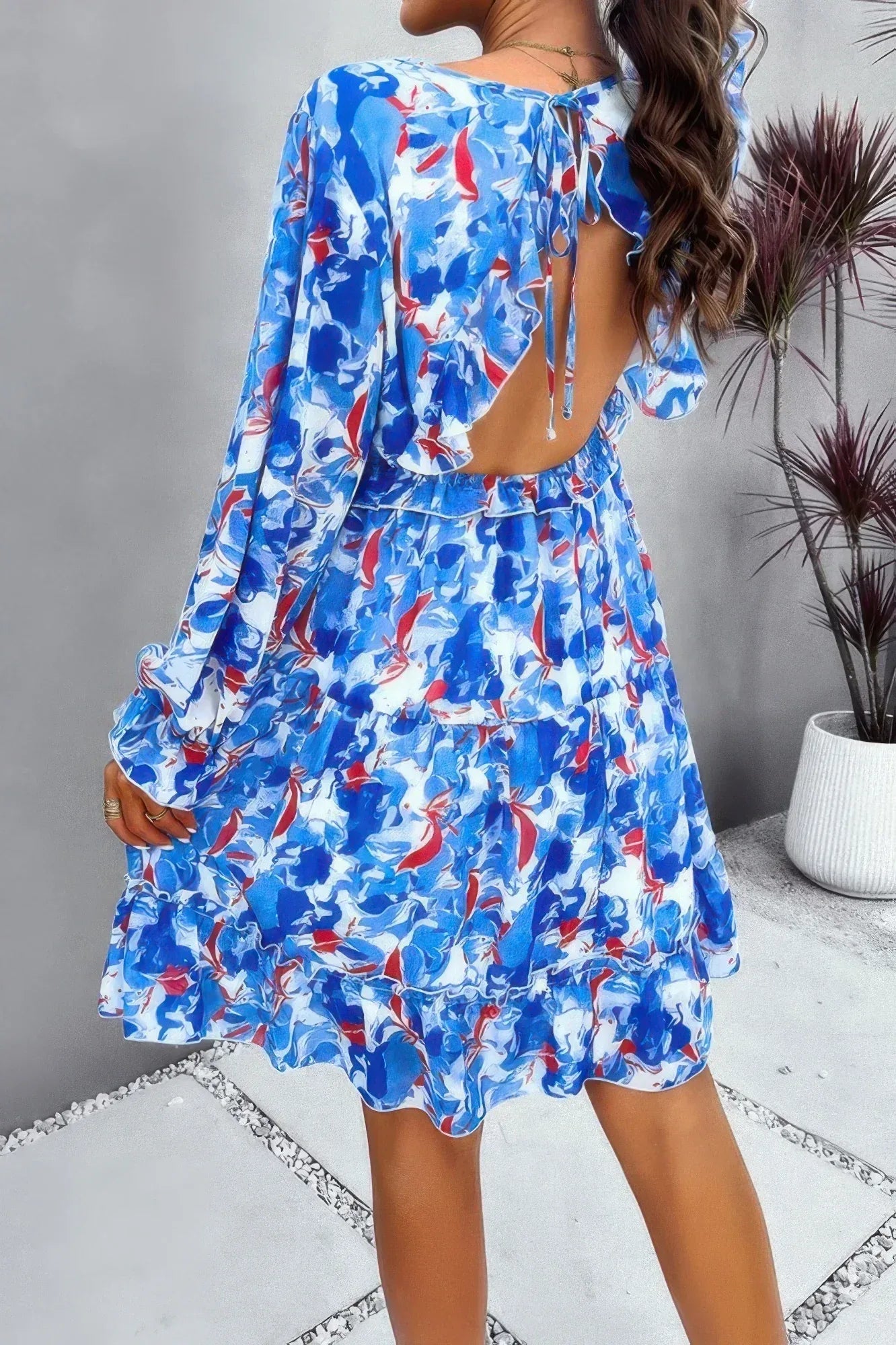 Elegant Printed V Neck Ruffled A Line Mini Dress | Mixtshop LLC