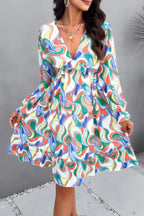 Elegant Printed V Neck Ruffled A Line Mini Dress | Mixtshop LLC