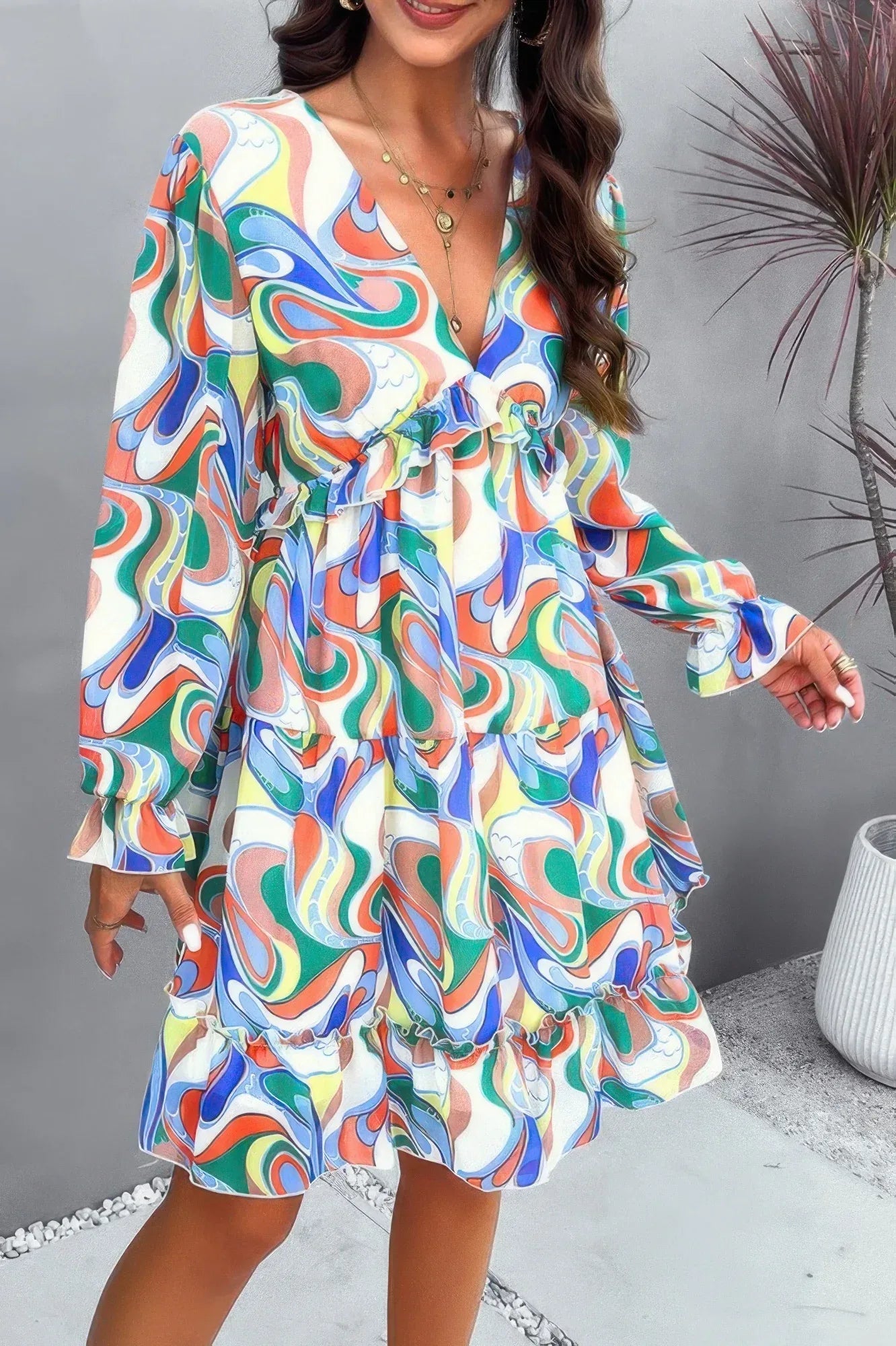 Elegant Printed V Neck Ruffled A Line Mini Dress | Mixtshop LLC