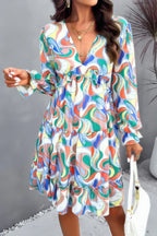 Elegant Printed V Neck Ruffled A Line Mini Dress | Mixtshop LLC
